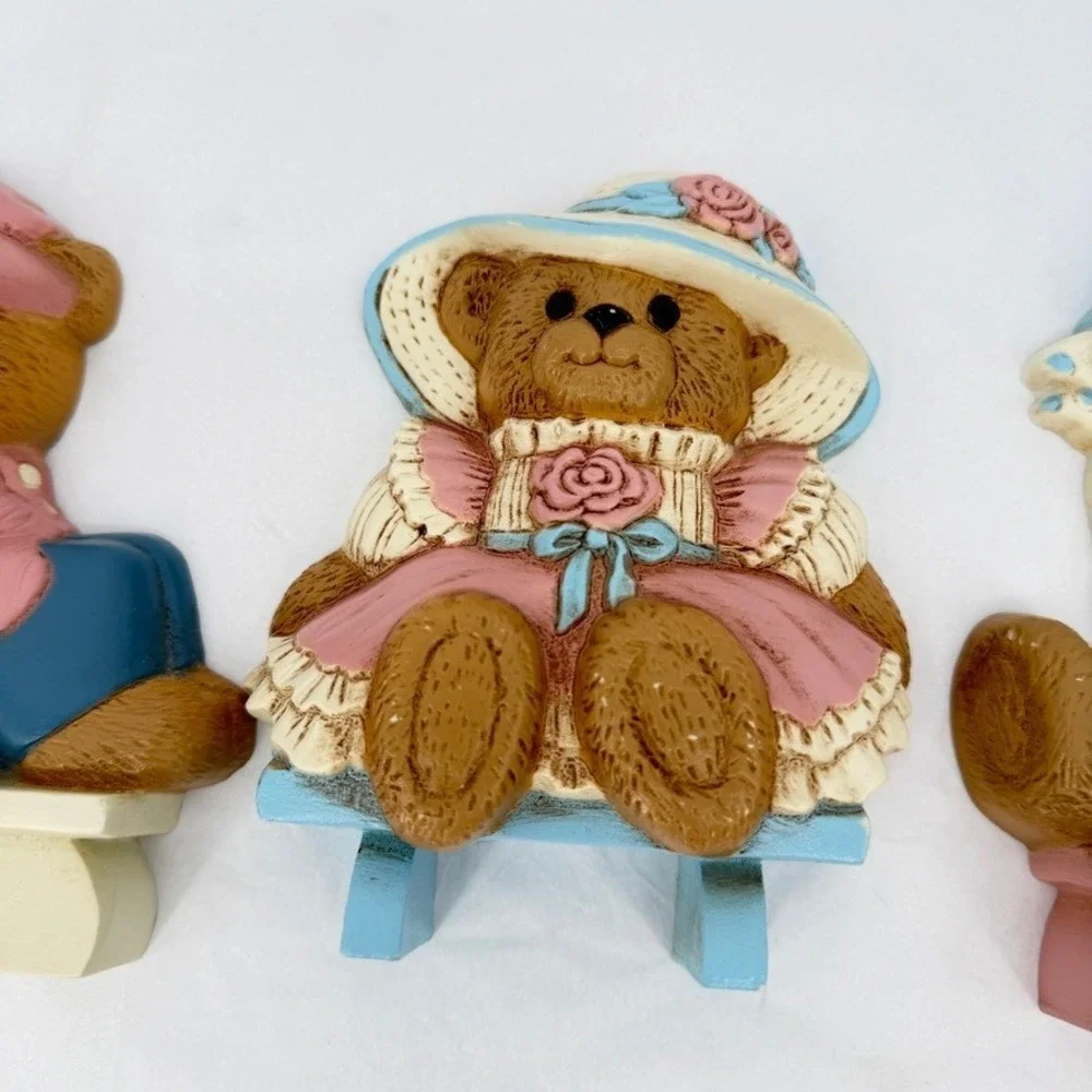 Burwood Products Wall Hanging Teddy Bear Trio VTG Decor Set 3375 Nursery MCM